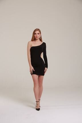 Tek Kollu Sırt Ve Bel Detaylı Mini Elbise-siyah 3011
