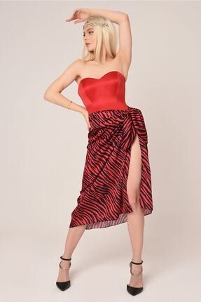 Bralet Zebra Desen Etekli Özel Tasarım Elbise Kırmızı 3152