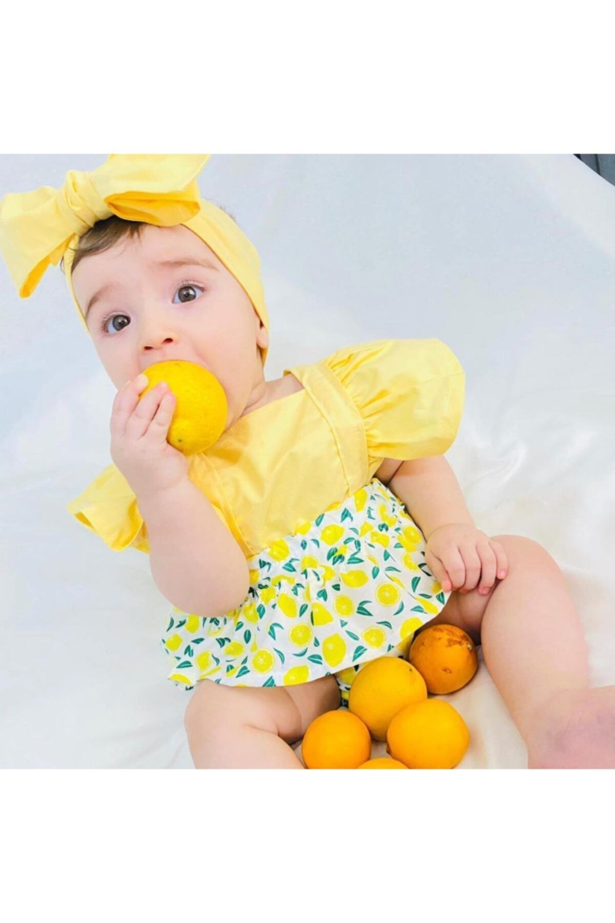 magu Baby Girl Yellow Lemon Patterned Romper Jumpsuit Trendyol