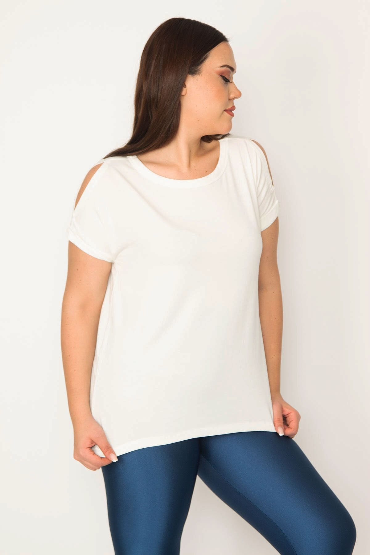 Şans-Women's Large Size Bone Shoulder Low-cut Double Sleeve Blouse 65n31192 4