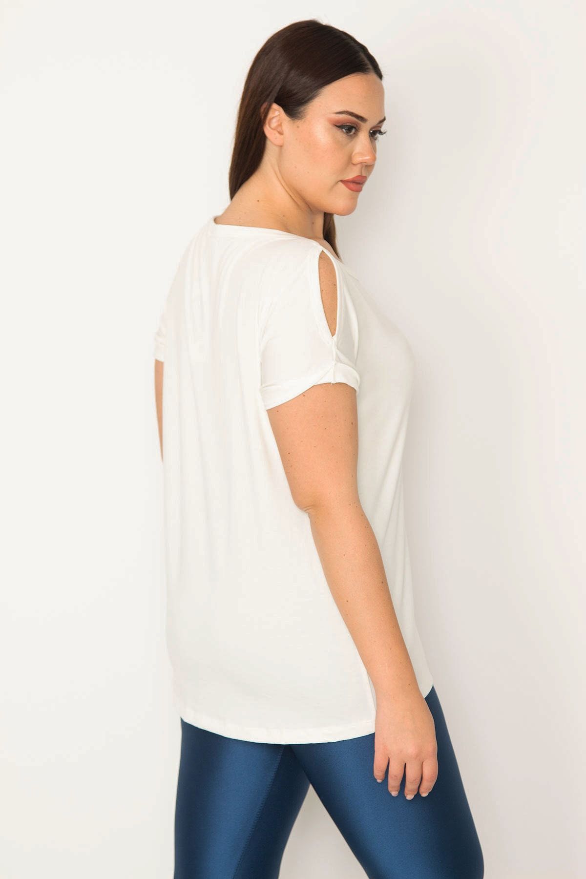Şans-Women's Large Size Bone Shoulder Low-cut Double Sleeve Blouse 65n31192 5