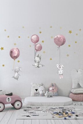 Sevimli Balonlu Tavşanlar ve Yıldızlar Çocuk Odası Duvar Sticker KTSEAB017108