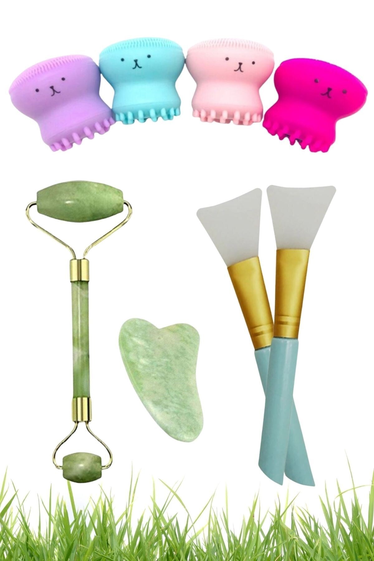 Buffer Çift Taraflı Jade Roller Yeşim Taşı 2li Maske Fırçası  Siyah Nokta Temizleyici Bakım Seti