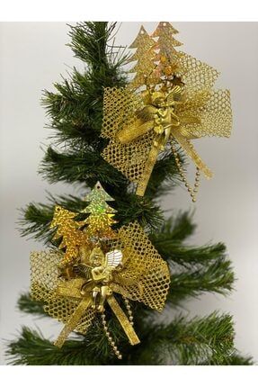 Yeni Yıl Yılbaşı Özel Çam Ağacı Sofra Dekor Sunum Büyük Altın Gold Simli Melek Süs 2li Set 59347362852368