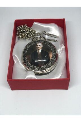 Unisex Gümüş Renk Atatürk Resimli İmzalı Köstekli Cep Saati MKA8539