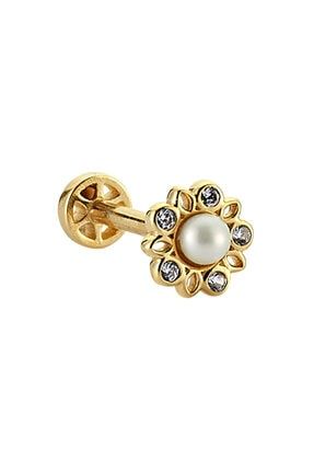 Taşlı Incili Çiçek Altın Tragus Piercing sT072