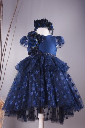 Lacivert, Simli Yıldızlı, Kız Çocuk Abiye Elbise, Doğum Günü Elbisesi, Prenses Parti Elbisesi M1909