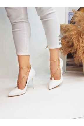 Kadın Beyaz Zincirli Topuklu Ayakkabı KSZTA1