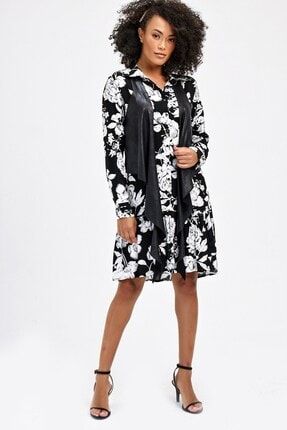 Kadın Siyah Çiçek Önden Düğmeli Vual Yakalı Eteği Fırfırlı Desenli Elbise 50038