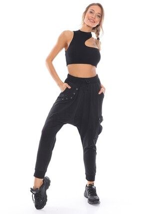 Kadın Cepleri Zımba Detaylı Siyah Şalvar Pantolon PS140013