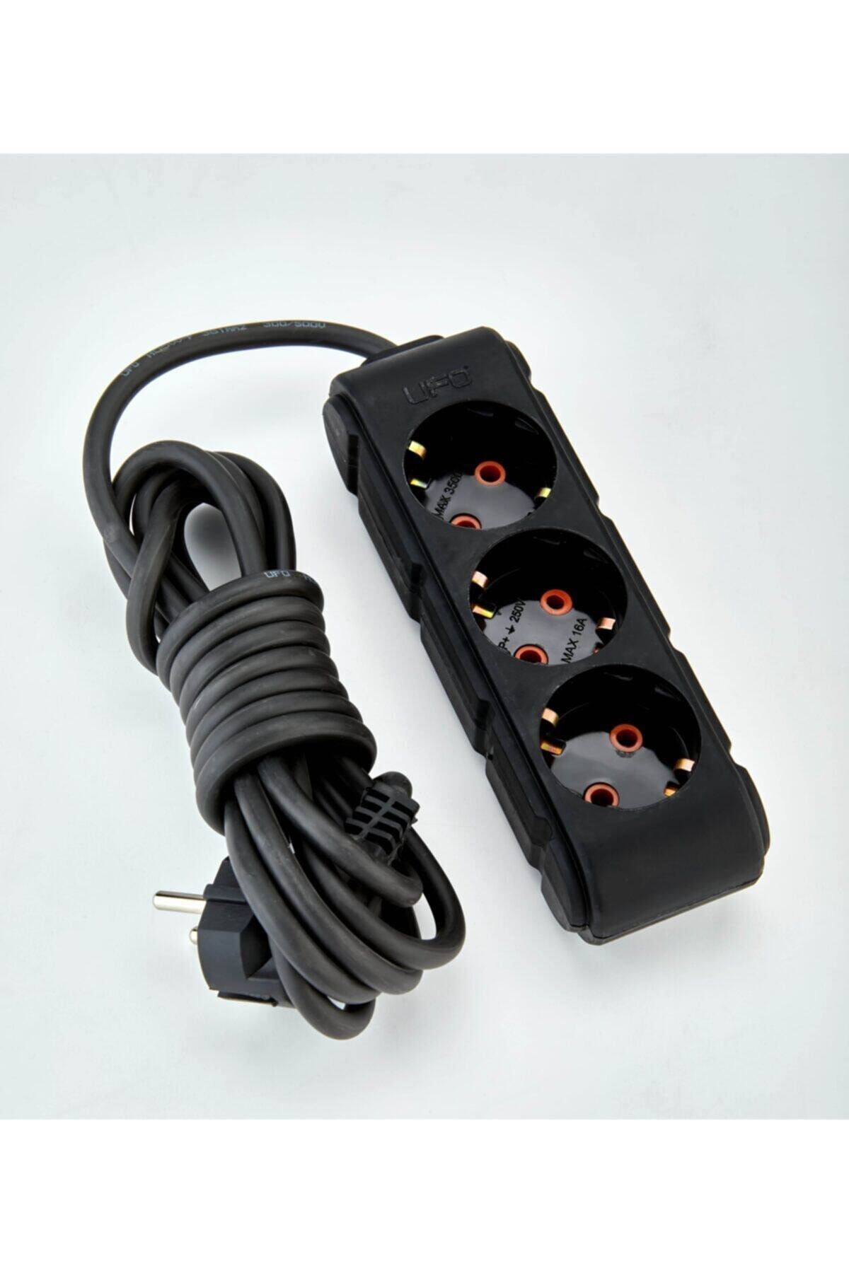 UFO Elektrik 5 Metre Siyah Renkli Üçlü Topraklı Kablolu Topraklı Grup Priz