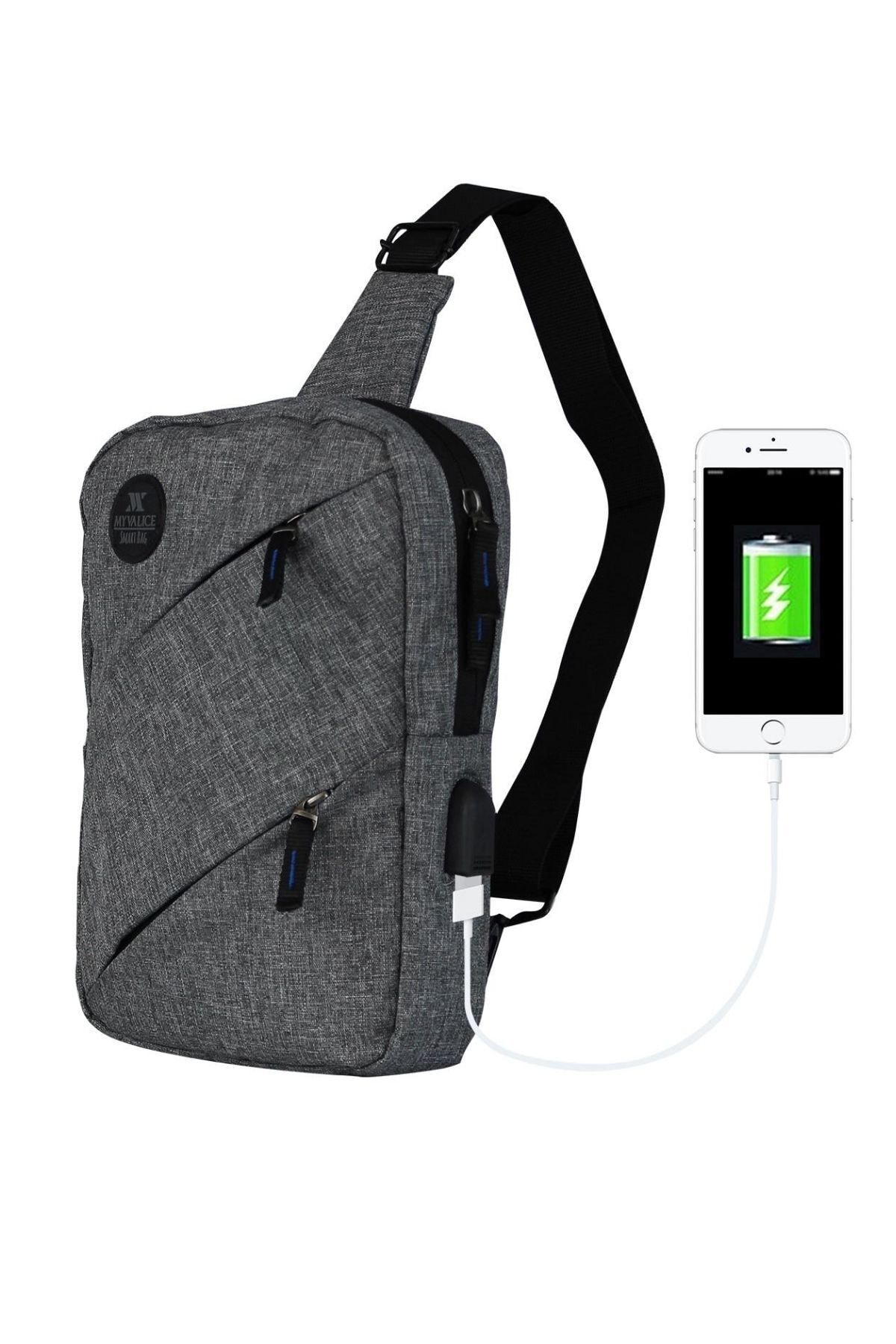 My Valice  Erkek Gri Smart Bag Usb'li Çapraz Göğüs Çantası 1504 - Görsel 3