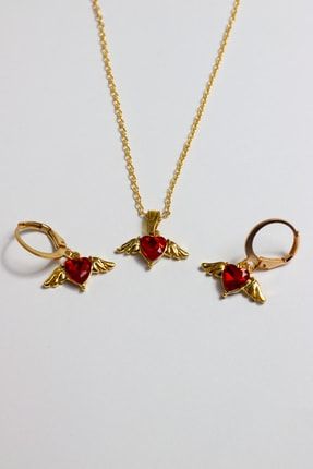 Altın Kaplama Ince Zincirli Kırmızı Angelheart Kolye Ve Küpe BRG1001FDL0005164