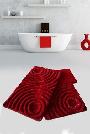 Wave Kırmızı 3lü Set Banyo Halısı Yıkanabilir, Kaymaz Taban 8694545027145