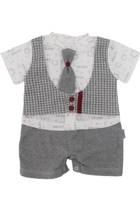 Çizgili Yelekli Kravatlı Erkek Bebek Tulum- Jakarlı Kumaş Gri PPD0389