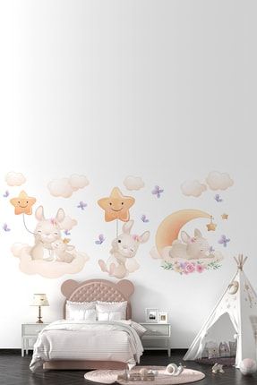 Sevimli Soft Renk Tavşancıklar Kelebekler Ve Bulutlar Duvar Sticker Seti KTSEAB017225