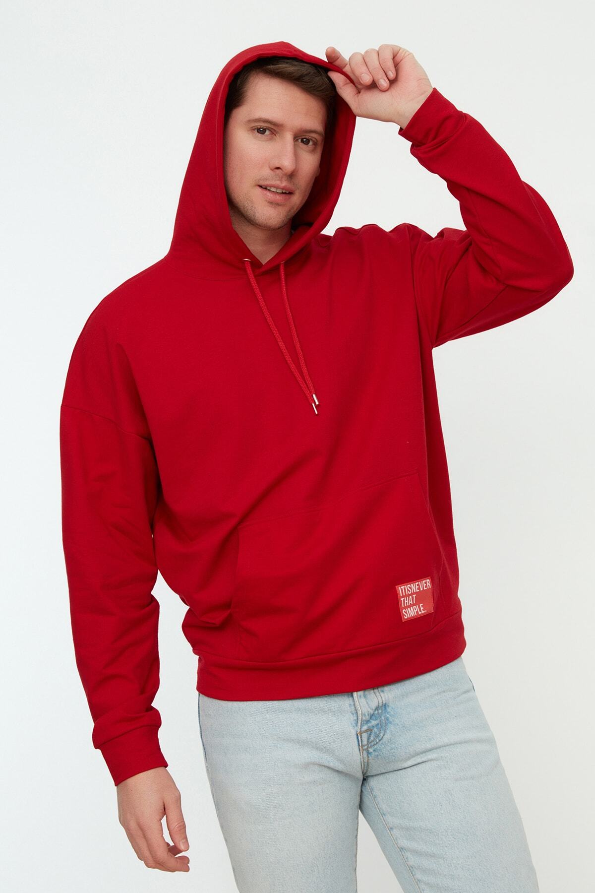 Trendyol Collection-Burgunderrotes, übergroßes/weit geschnittenes, langärmliges, unmarkiertes Sweatshirt mit Kapuze TMNSS21SW0221 6