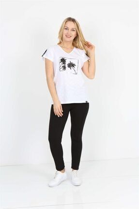 Beyaz Baskılı Kısa Kollu Palmiye T-shirt 1052