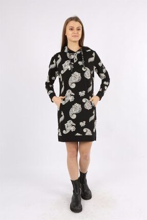 Siyah Kapüşonlu Desenli Uzun Kollu Elbise 10055