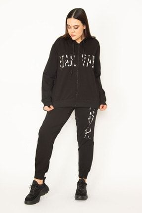 Kadın Siyah Kapüşonlu Ön Fermuar Detaylı Sweatshirt Pantolon Eşofman Takım 65N31333
