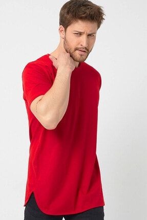 Kırmızı Basic Erkek Bisiklet Yaka Long Fit Eteği Biyeli T-shirt PR1537