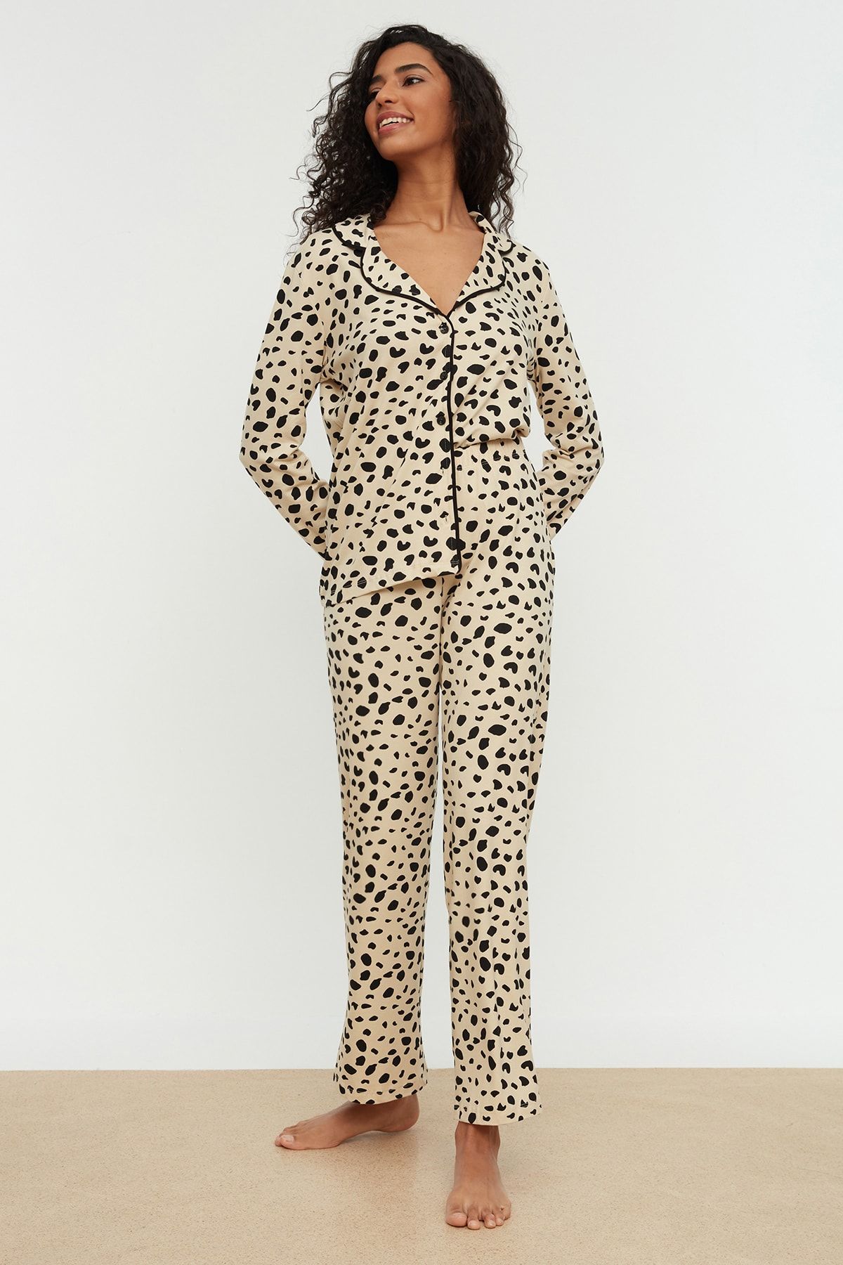 Trendyol Collection-Leopard Print Beige Cotton Pajamas Set - Shirt and Pants Thmaw21pt0489 9