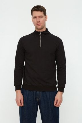 Siyah Erkek Regular Fit Fermuarlı Balıkçı Yaka Uzun Kollu Basic Pamuklu Sweatshirt TMNAW21SW0304