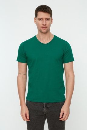 Yeşil Basic Slim Fit %100 Pamuklu V Yaka Kısa Kollu T-Shirt TMNSS19BO0002