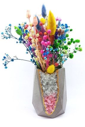 Kristal Cam Pembe-beyaz, Dekoratif Prizma Beton (KALEMLİK) Kuru Çiçek - Anneler Günü'ne Özel! GHA30037