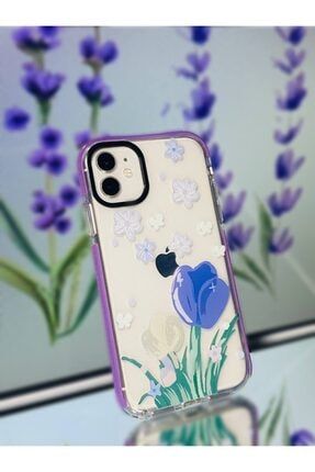 Iphone 11 Uyumlu Kenarları Lila Darbe Emici Lila Çiçek Desenli Premium Korumalı Şeffaf Kılıf TLFNCYZ7889