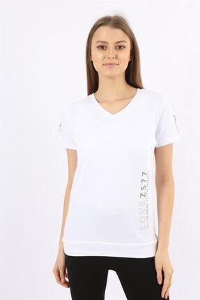 Beyaz Baskılı Kısa Kollu V Yaka T-shirt 1071