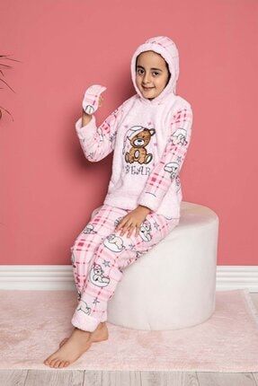Pembe Kız Çocuk Polar Kapüşonlu,göz Bantlı Pijama Takımı/ Ev Giyim TYC00353634097