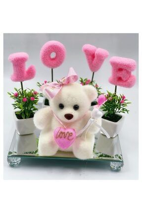 Anneler Günü Hediye Yapay Love Saksılı Çiçek Süslü Ayıcık Set Pembe 593773602