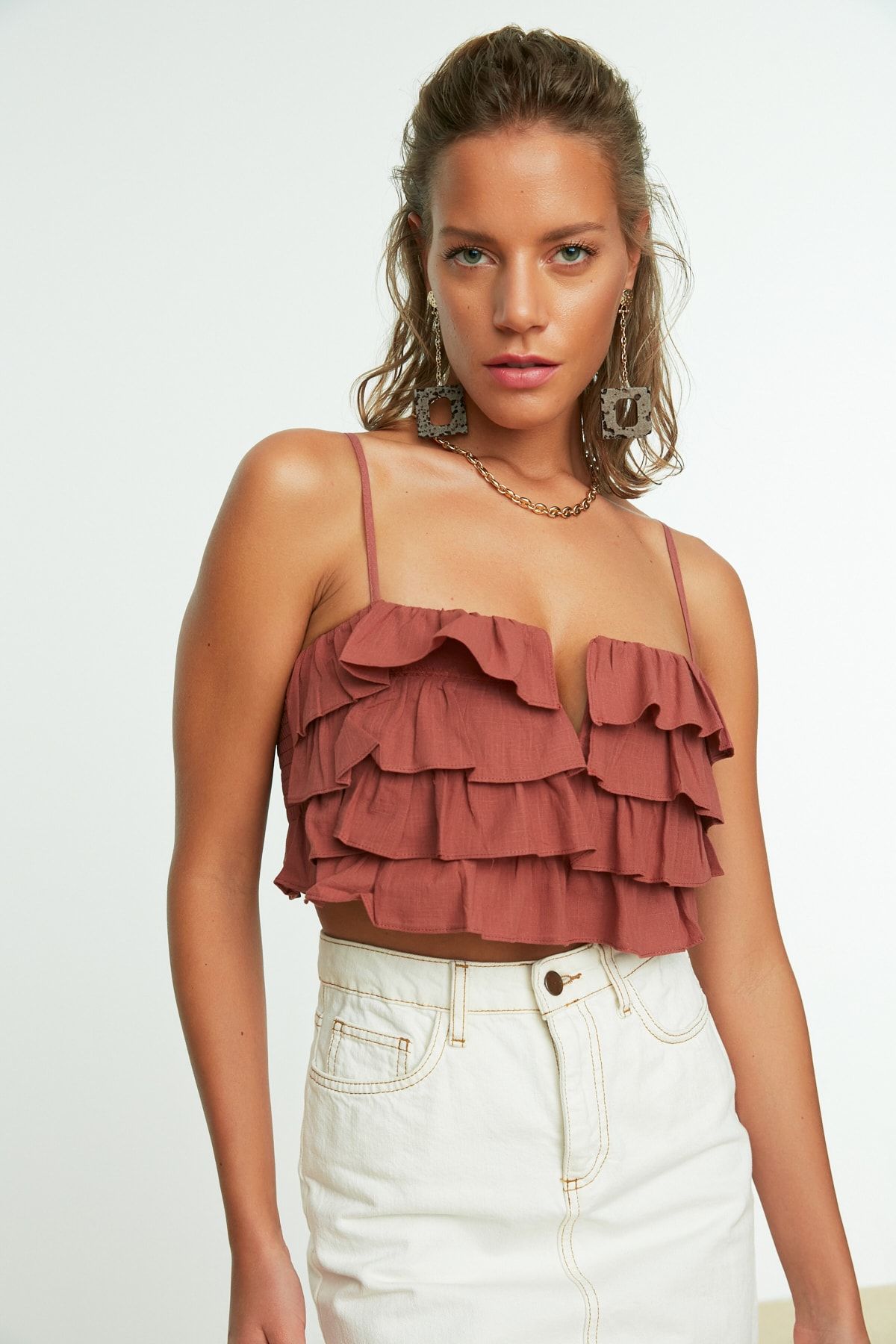 Trendyol Collection Brown Crop Woven Ruffled 100% Cotton Blouse TBESS21BZ0661