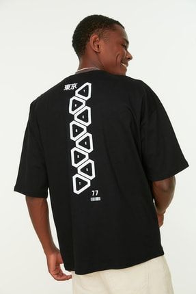 Siyah Erkek Kısa Kollu Oversize Fit %100 Pamuklu Sırt Baskılı T-Shirt TMNSS21TS1031