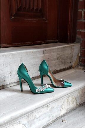 Yeşil Saten 11cm Yan Şeffaf Yıldız Taşlı Topuklu Stiletto Kadın Ayakkabı LA-11seffafsuyolu