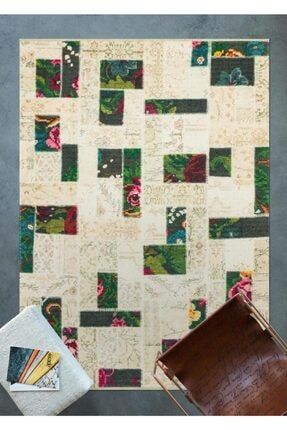 Mocca 3705 Krem Patchwork Desenli Kilim Yıkanabilir Şönil Dokuma Dekoratif Kilim TYC00355612700