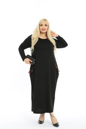 Siyah Büyük Beden Uzun Kollu Elbise 9684