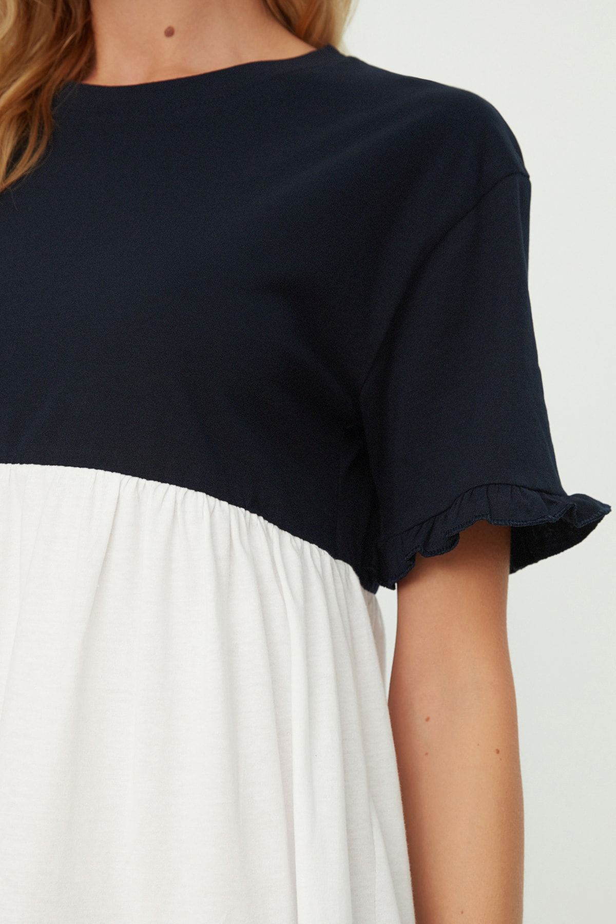Kolekcia Trendyol-Námornícka modrá 100% bavlna Color Block Shift/Plain Mini pletené šaty TWOSS20EL1638 4