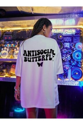 Picture of Antisocial Baskılı Beyaz Oversize Tshirt