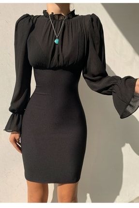 Kadın Astarlı Kumaş Dar Kalıp Slim Fit Uzun Kollu Siyah Elbise 111 4S1B-MSCX-111