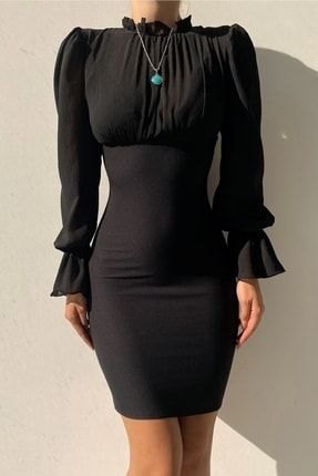Astarlı Kumaş Dar Kalıp Slim Fit Uzun Kollu Siyah Abiye - Mezuniyet Elbisesi 111 4S1B-MSCX-111