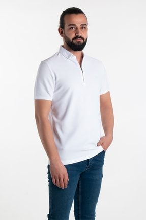 Erkek Beyaz Fermuar Detaylı Polo Yaka T-shirt CNL05152Y244