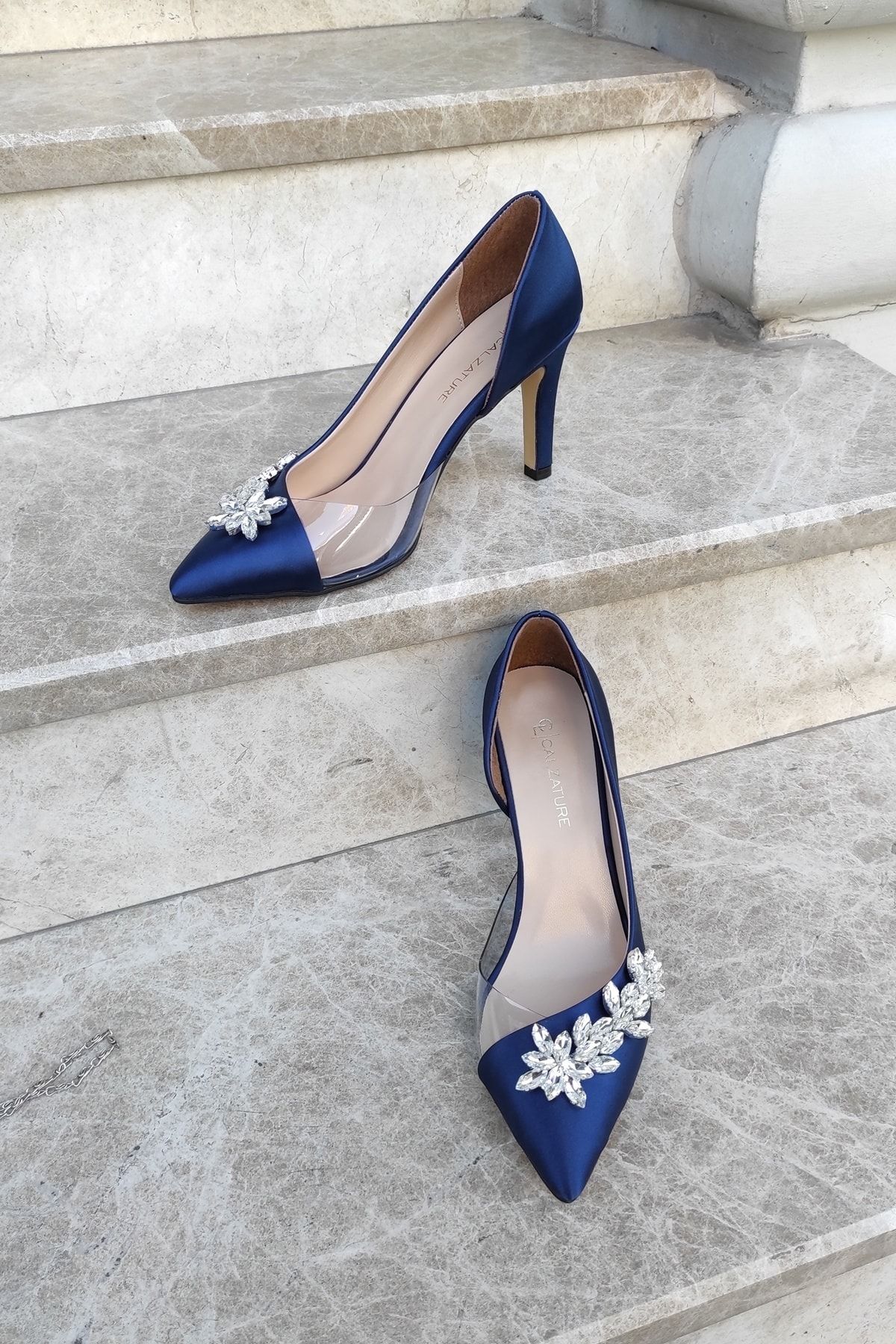 LA CALZATURE Navy Blue Satin 9cm Side Transparent Star Stone