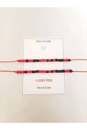 Sevgililer Günü Bileklik Çift Takısı Kırmızı Siyah Taşlı Mors Alfabesi I Love You Yazılı Bileklik Morse Bileklik