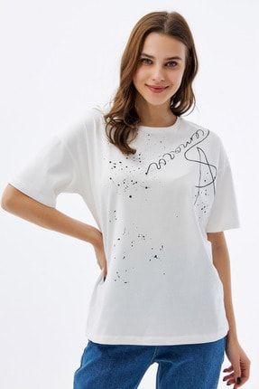 Kadın Beyaz Baskılı Kısa Kollu Örme T-Shirt P21s2012366 P21S201-2366