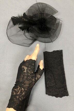 Siyah Vualet Şapka Ve Dantelli Eldiven limest0170