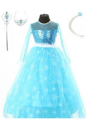 Kız Çocuk Uzun Kol Tarlatanlı Taç Asa Saç Hediyeli Mavi Elsa Elbise Frozen 465464543556542