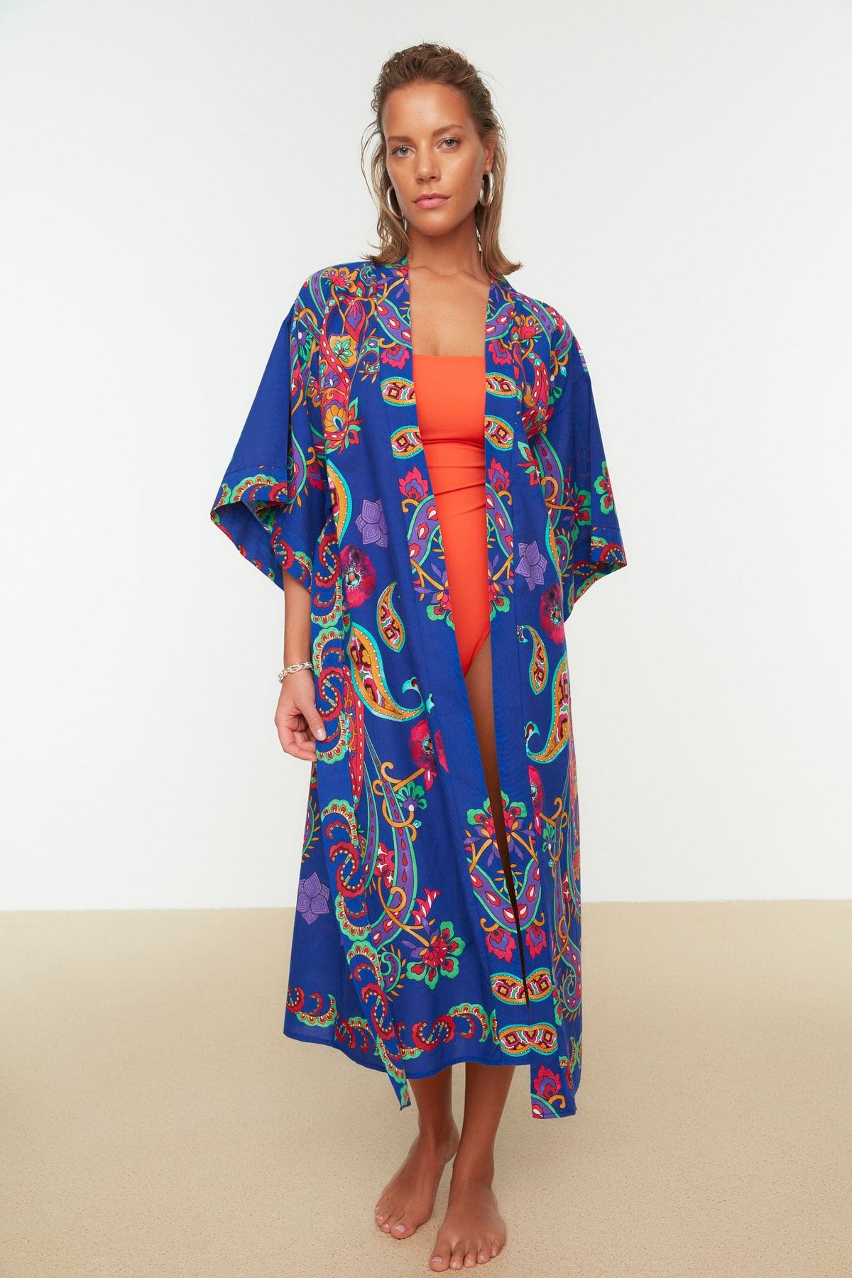 Trendyol Collection-Ethnic Patterned Belted Midi Woven 100% Cotton Kimono&Kaftan TBESS22KM0023 5