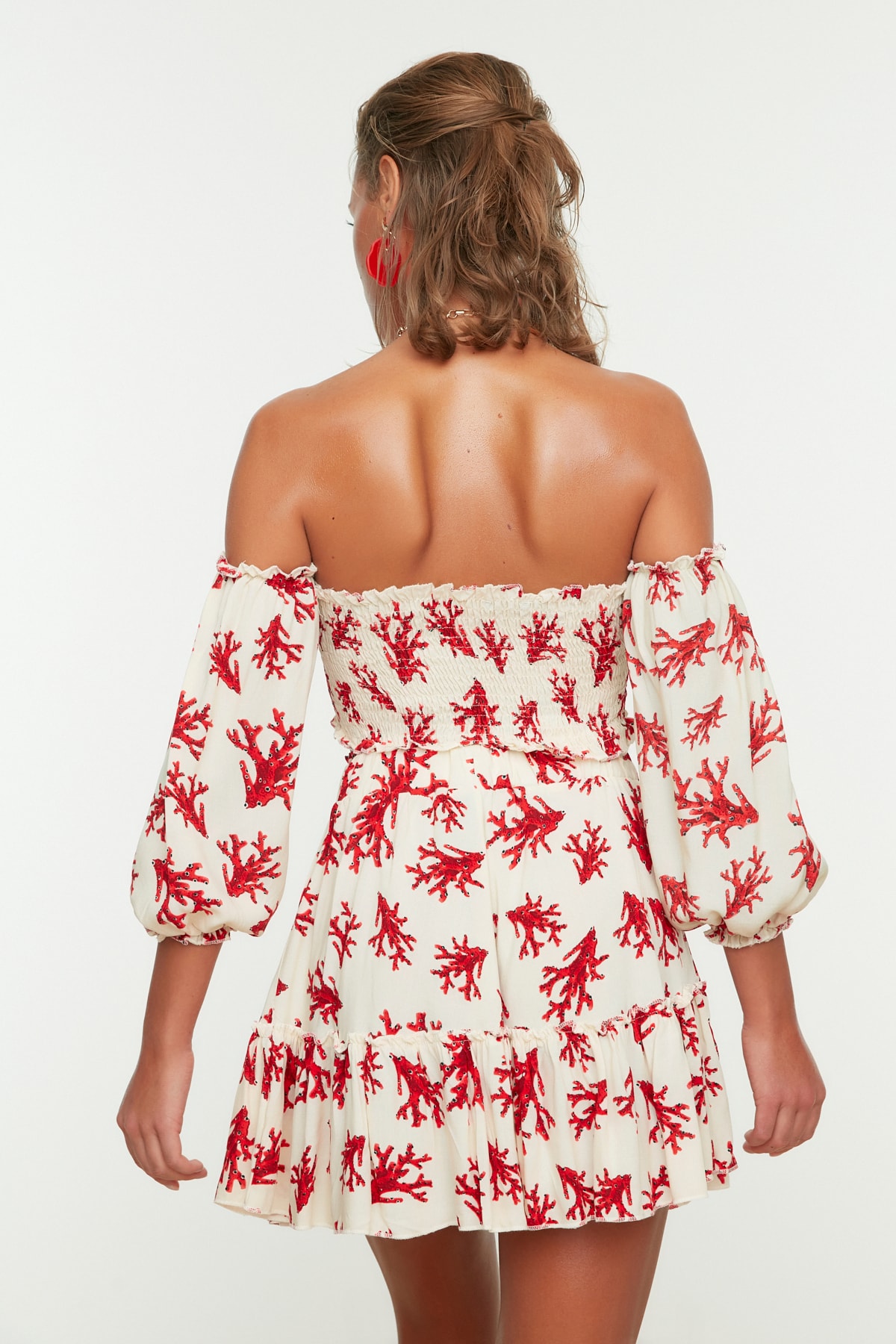 Trendyolmilla  Su Altı Desenli Dokuma Büzgülü Plaj Bluz-Etek Takım TBESS21AU0539 - Görsel 4